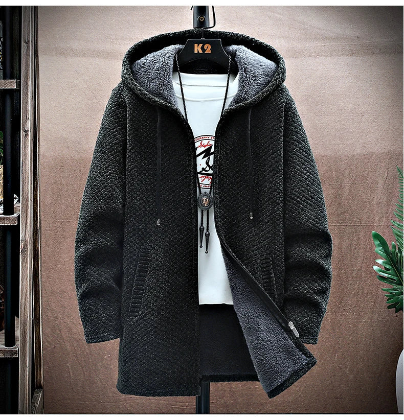 Men's Cardigan Cashmere Long Coat Sweaters with Hoods Autumn Winter New Fleece Warm Solid SweaterCoat Windbreaker Men Clothing