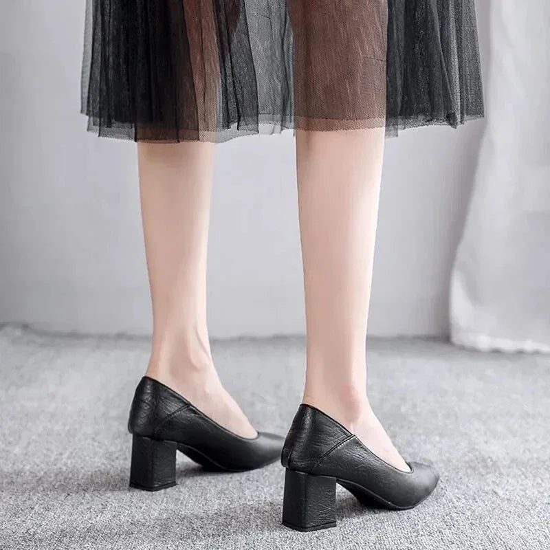 3-5cm Chunky Heeled Women Shoes Square Heel Leather Shoes Pumps Zapatos De Mujer Fashion Designer Office Ladies Single Shoe
