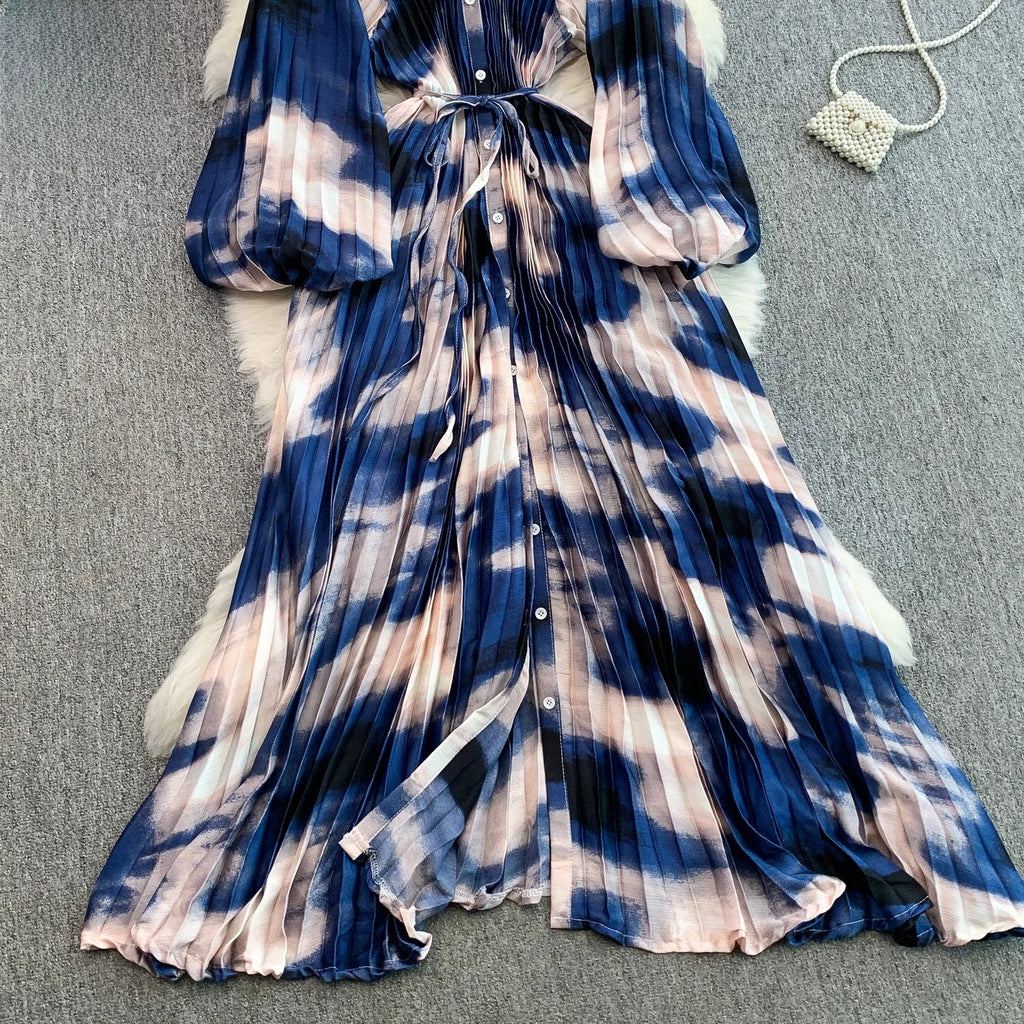 Printed round Ne Lantern Sve Dr Women's Single Button Waist Cinch Maxi Skirt Long Dr Commute Sle Autumn