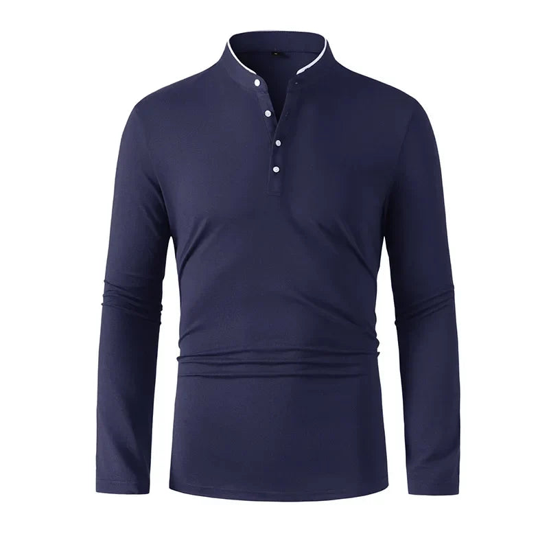 2025 New Men's Casual and Fashionable Solid Color Long Sleeved Stand Up Collar T-shirt Summer Versatile and Comfortable Top