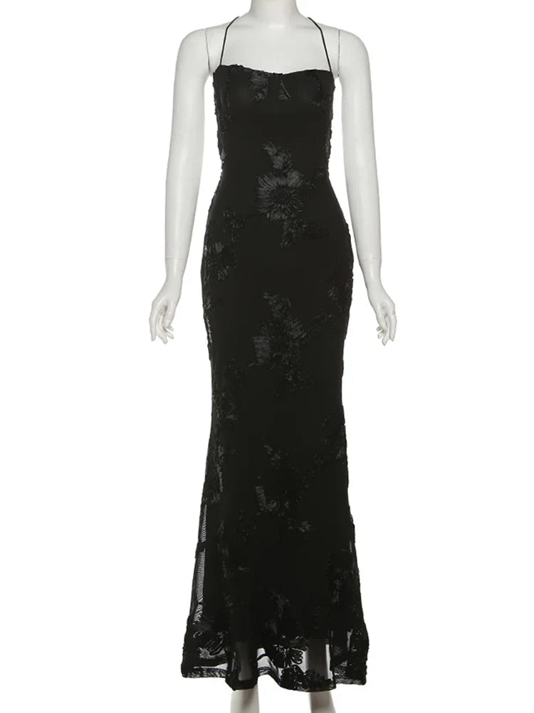 Elegant Flower Embroidery Maxi Dress Women Low-Neck Cross Bandage Backless Summer Street Trend Skinny Holiday Vestidos