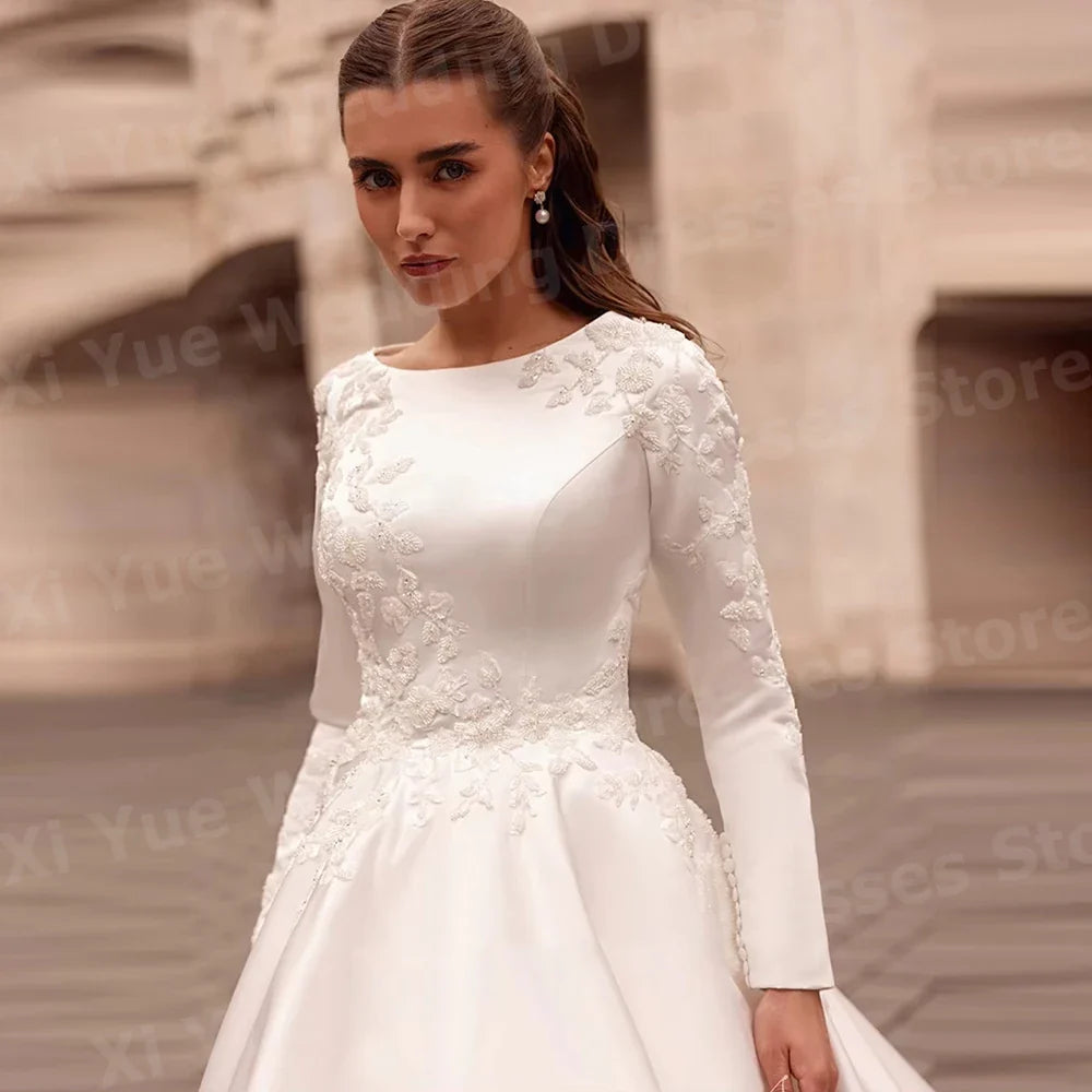 Elegant A Line Women's O Neck Appliques Wedding Dresses Vestido De Novia Long Sleeve Satin Bride Gowns Customized Robe De Mariée