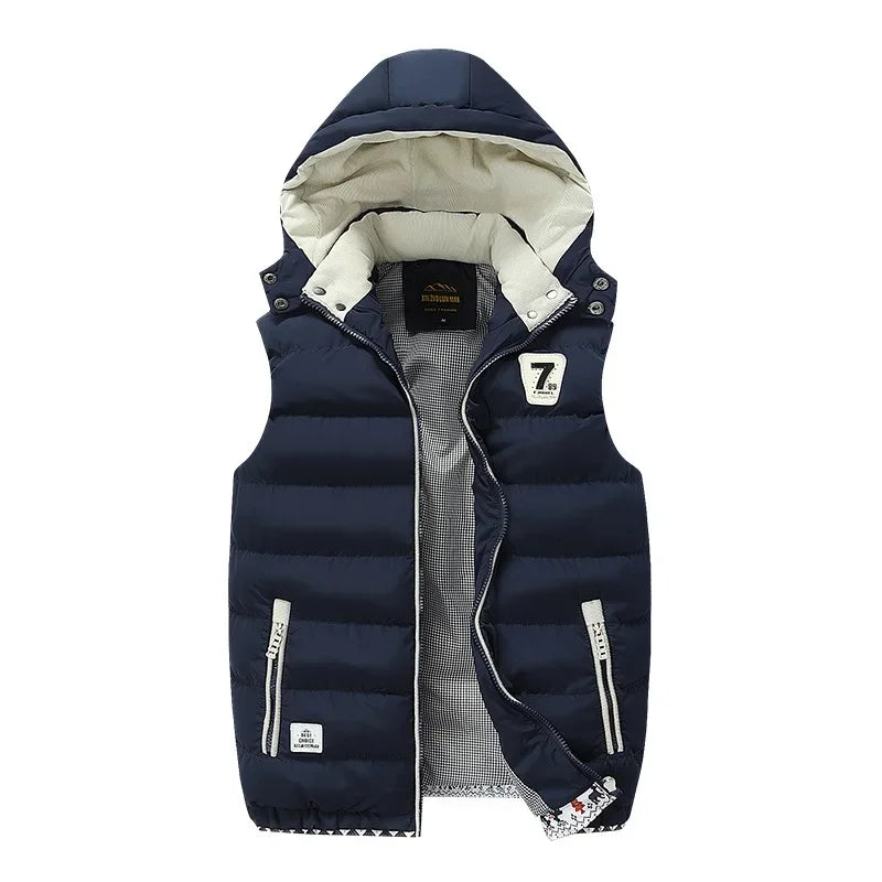 5XL Men Winter Vests Hat Detachable Down Vest Casual Waistcoat Sleeveless Jackets Male Hooded Vest Outwear Warm Coats Windproof