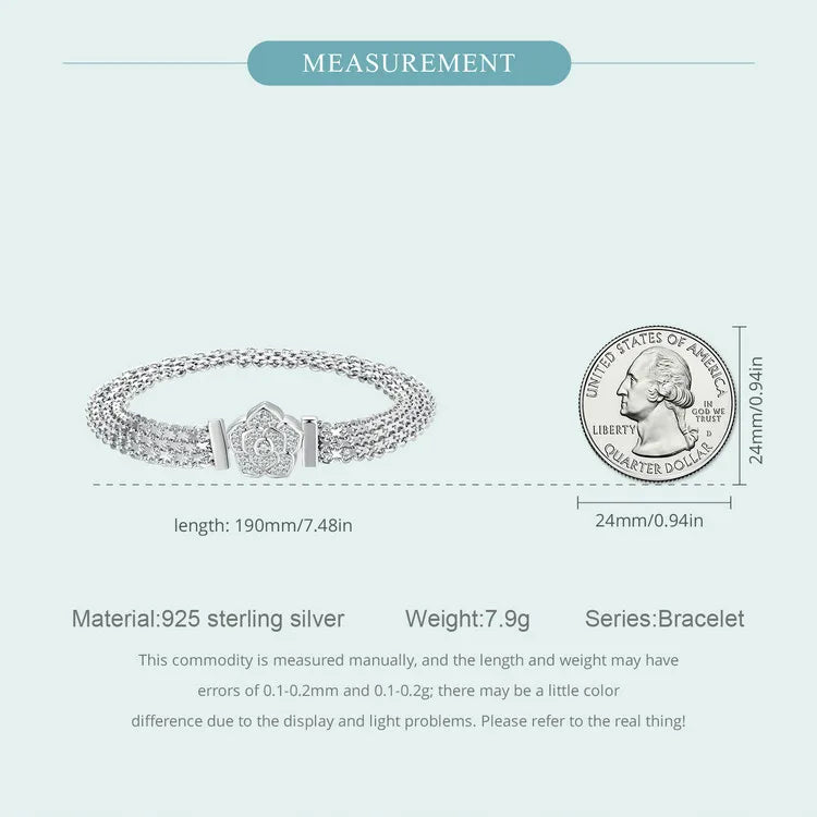 Original 925 Sterling Silver Rose Basic Bracelet Flat Chain Bangle Sparkling Zirconia Flower Charm for Women Birthday Gift
