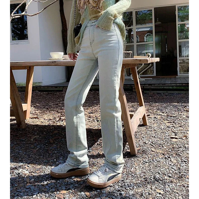 Women Korean Thin Straight Leg Jeans Pants