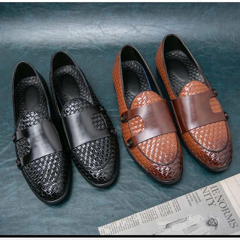 British Style Weave Pattern Microfiber Leather Monk Shoes Mens Buckle Party Wedding Loafers Moccasins Men Driving Flats