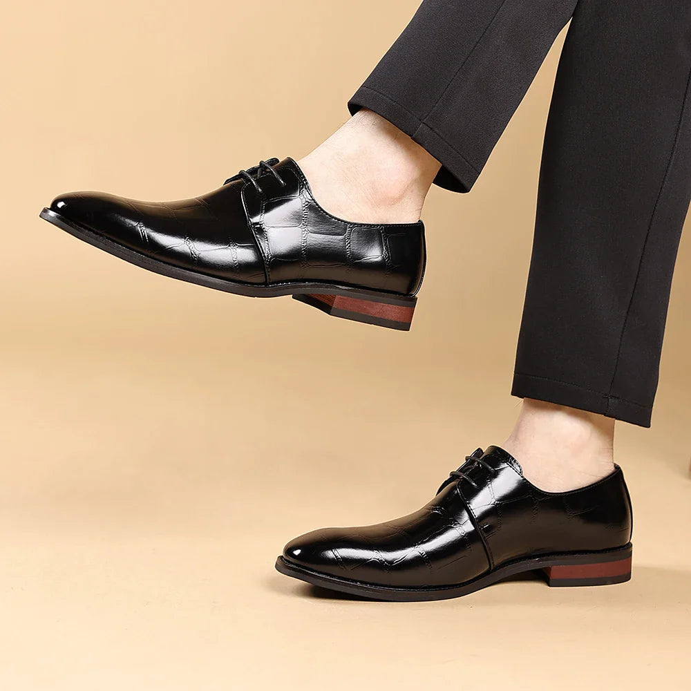 Fashionable Crocodile Print Men's Solid Color Leather Oxford Shoe Formal Business Lace -Up Office Shoe Comfortable Wedding  Shoe