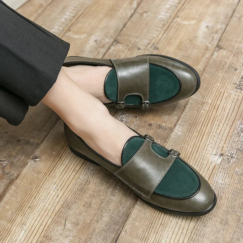 Men leather formal monk strap shoes slip on double buckle loafers large size 48