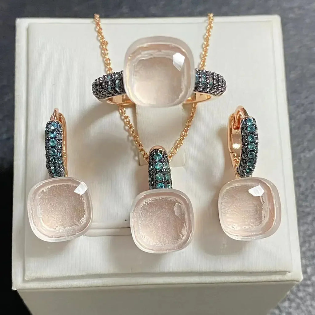 3Pcs Gun Black Plated Blue Zircon Jewelry Set for Women Includes Ring Earrings Necklace Elegant Crystal Blue Topaz Matching Gift
