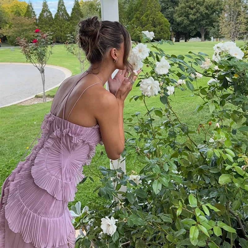 Elegant Neck Strap Ruffles Evening Gown Solid Folds A Line Lace Up Backless Sexy Party Dress 2025 New Party Vacation Y2k Robe