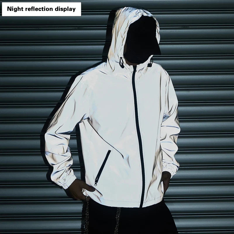 Night Reflective Clothes Spring New Men's Hooded Jacket Outdoor Run Casual Windproof Coat Couples Hip-hop Streetwear S-5XL