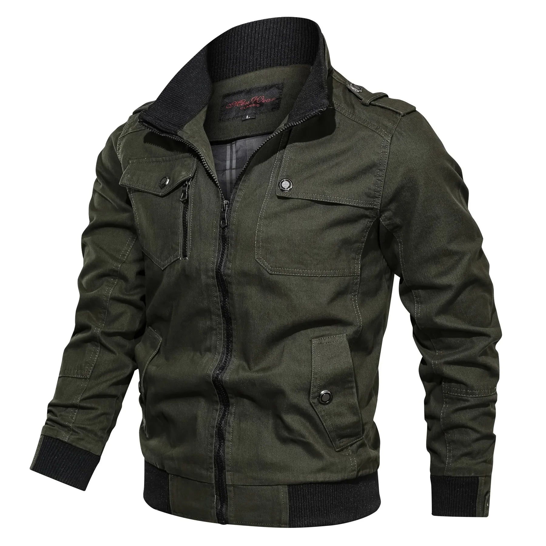 Casual solid color jacket, zippered pocket, stand up collar, oversized jacket, tough guy style, thin motorcycle top