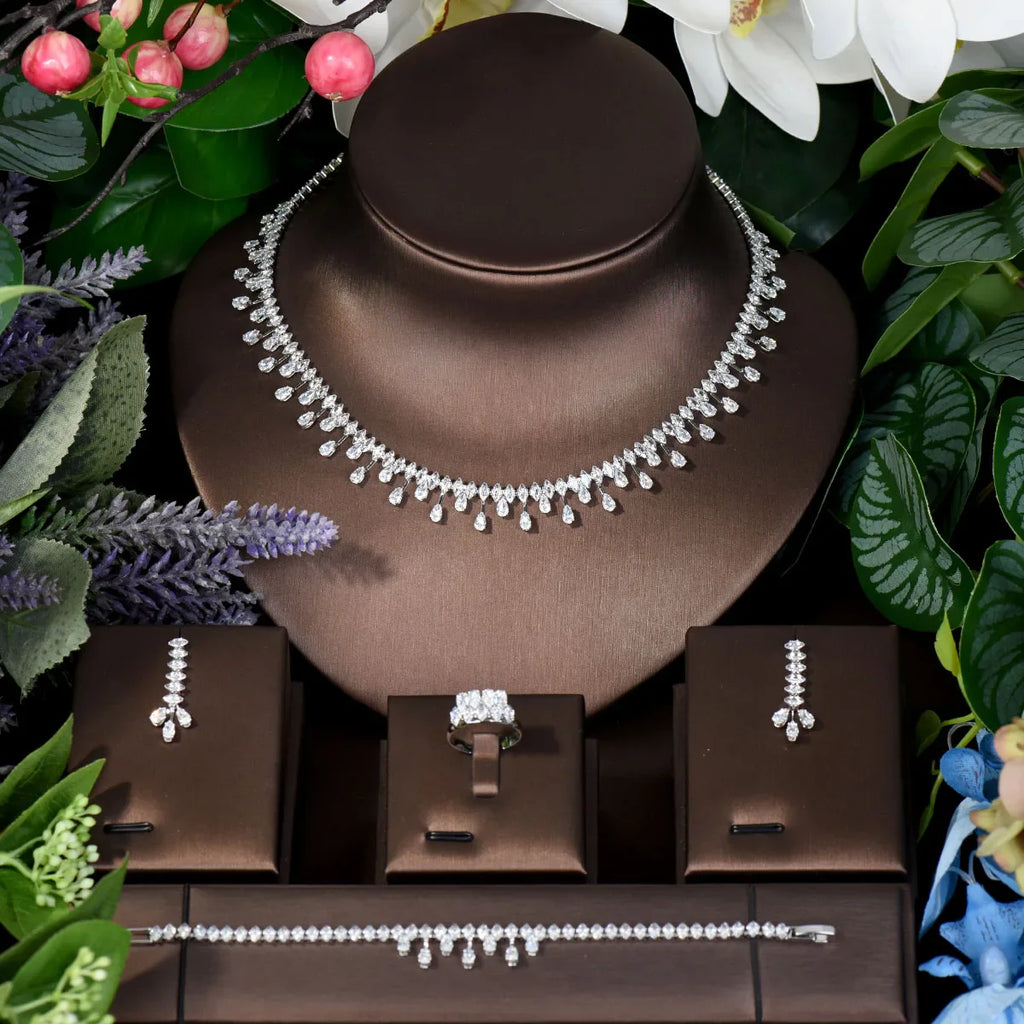 Simple Water Drop Crystal Cubic Zirconia Necklace Earrings Set 4PCS  Jewelry For Women African Beads Jewelry Set N-297