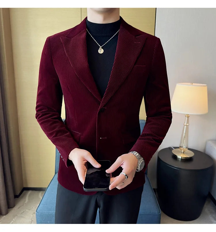 Corduroy Stripe Suit Jacket For Men Autumn Winter Business Slim Fit Tailcoat Formal Wedding Party Fashion Casual Suit Coat 4XL-M