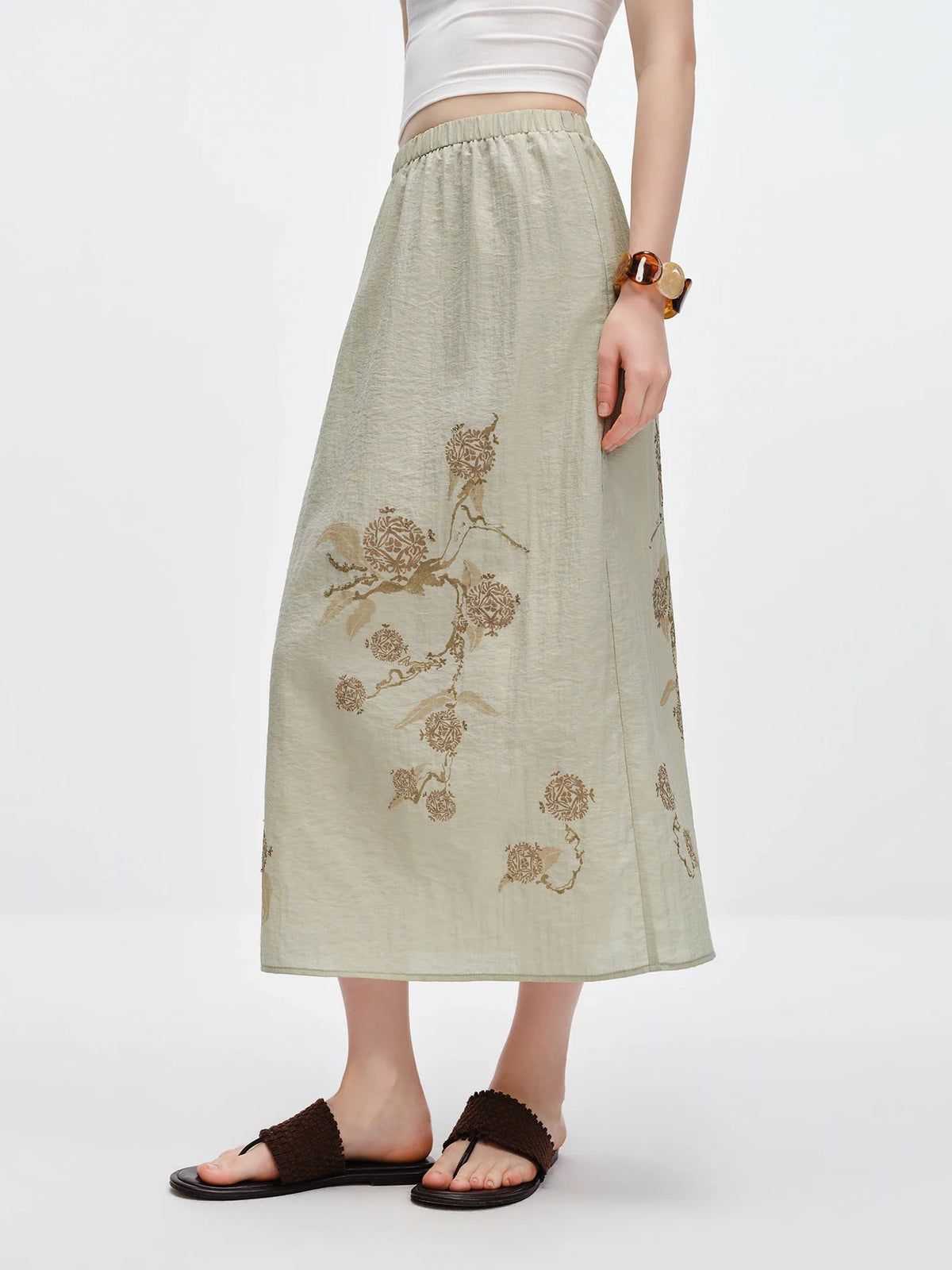 Vintage Printed Camis Midi Skirt Set Square Neck Sleeveless Summer Elastic Waist Outfit Silk Office Daily