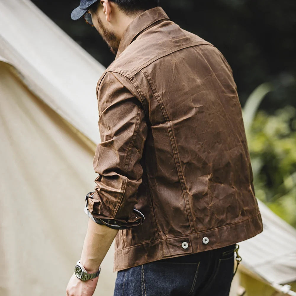 Amekaji Retro Male Oil Waxed Jacket Canvas Cotton Khaki Military Uniform Light Casual Work Safari Style Coats Man Clothing