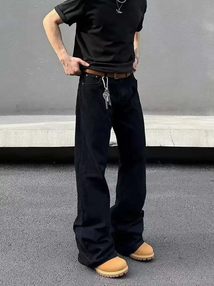 American Y2K Men's Jeans New Micro Flared Denim Pants Slim Fit Solid Color High Street Stylish Male Casual Trousers