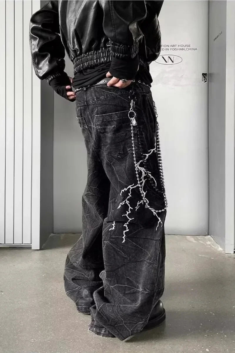 Retro Street Design Thorn Embroidery Niche Versatile Loose Straight Jeans 's Casual Pants (Button Holes Not Opened At Waist)