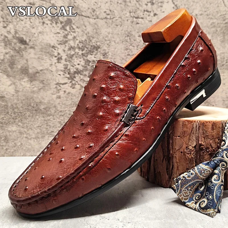 Luxury Brand Men Loafers Shoes Black Brown Ostrich Print Pointed Toe Slip-on Casual Mens Dress Shoes Slip on Loafers Men