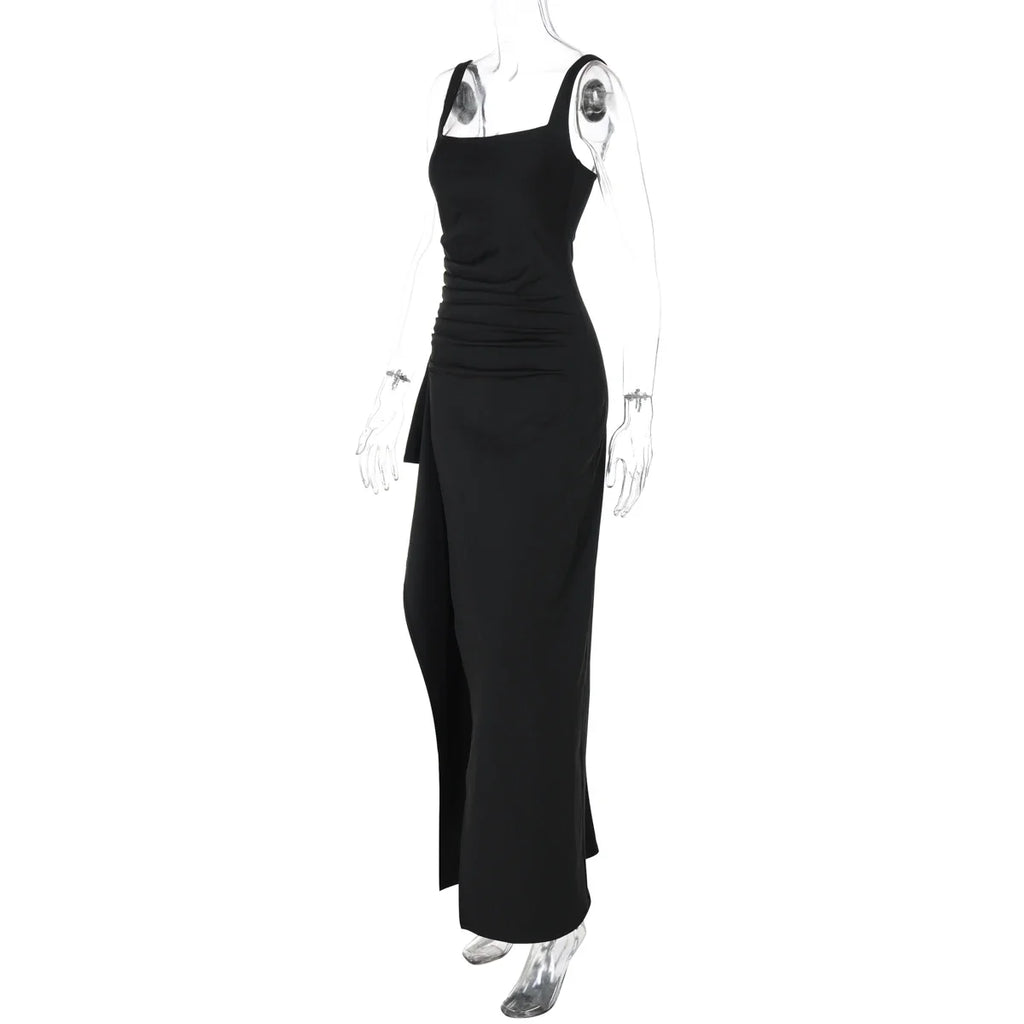 Women Elegant Solid Straps Slit Ruched Patchwork Sexy Bodycon Maxi Dress Summer Outfits Evening Party Birthday Festival