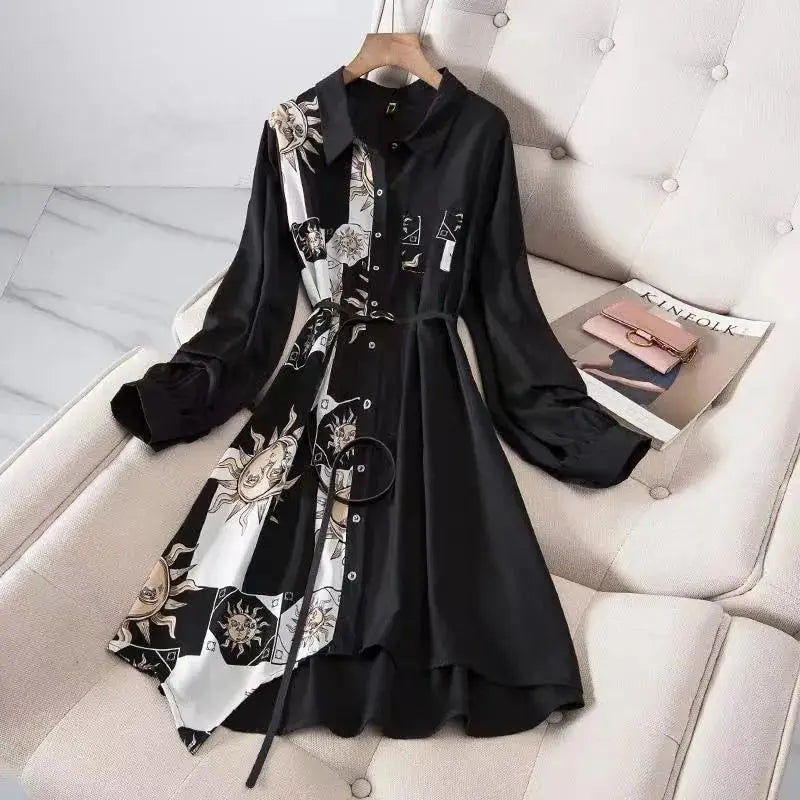 Print Vintage A-Line With Belt Loose Polo Neck Women's Dress Single-Breasted Knee Length Dresses For Women Clothing 2024 Fashion