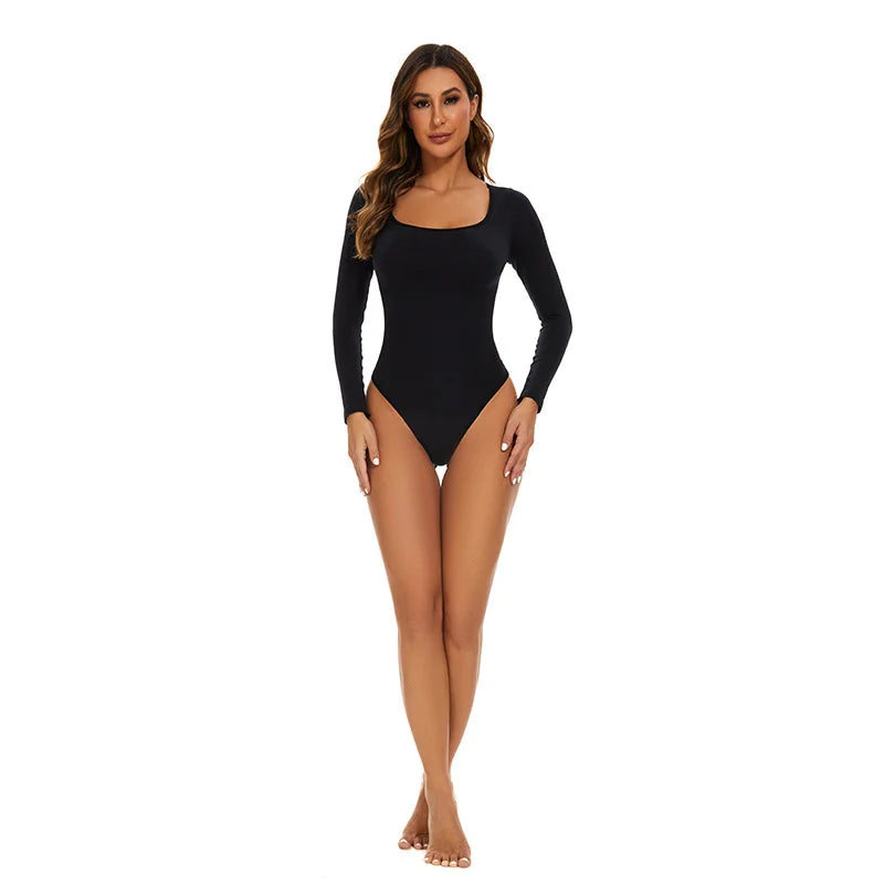 GUUDIA Open Crotch Big U Neck Seamless Bodysuit Long Sleeve Spandex Elastic Body Suit Shapewear Tummy Control Waist Shapers