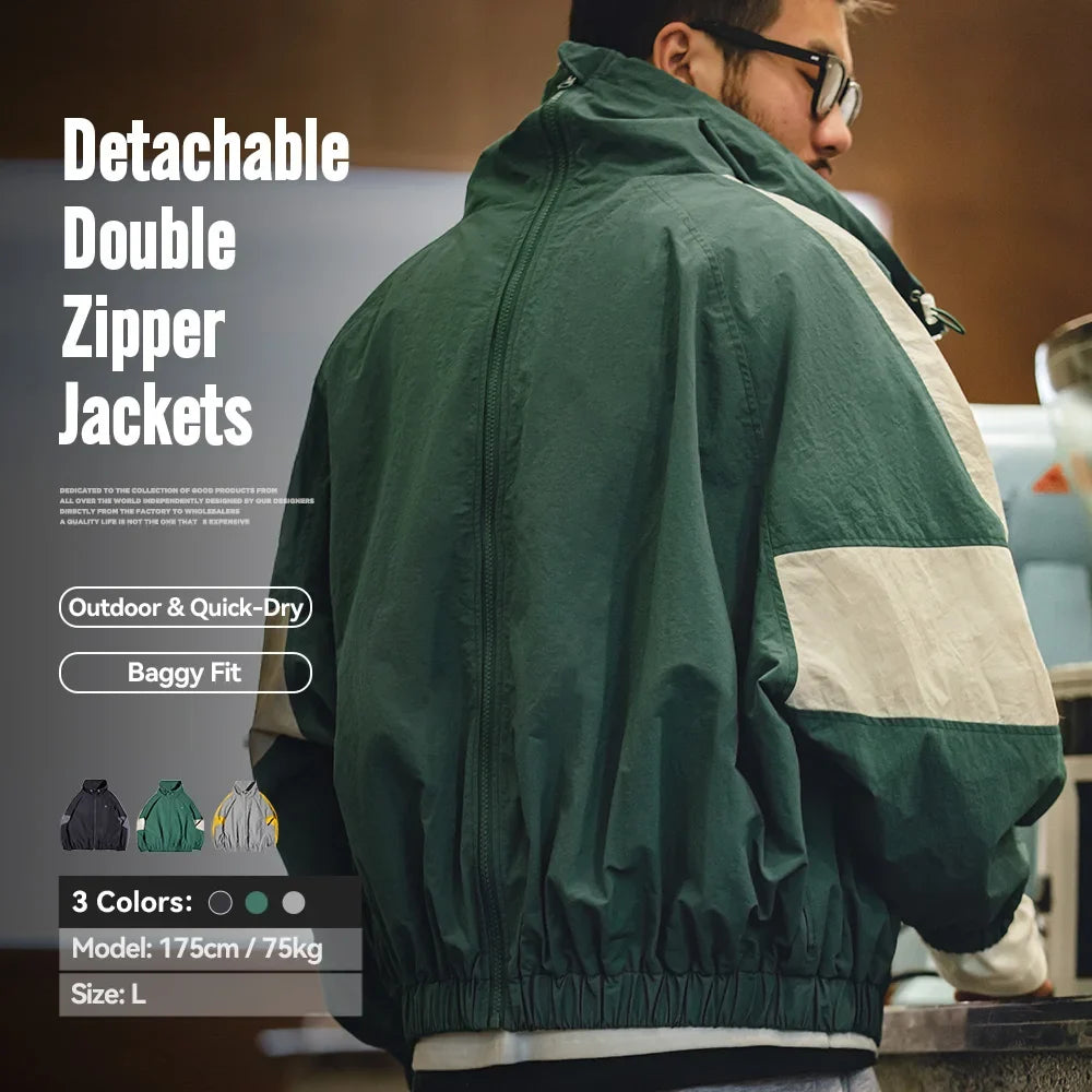 Casual Detachable Double Zipper Patchwork Jackets Stand-up Collar Loose Fit Letter Jacket For Men's Spring and Fall Coat