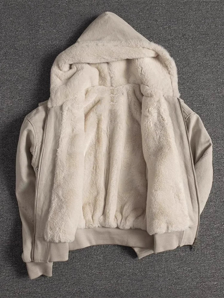 Autumn Winter Short Thickened Warm Oversized Canvas Washed Padded Jacket with Faux Fur Inside Loose Casual Hoodie