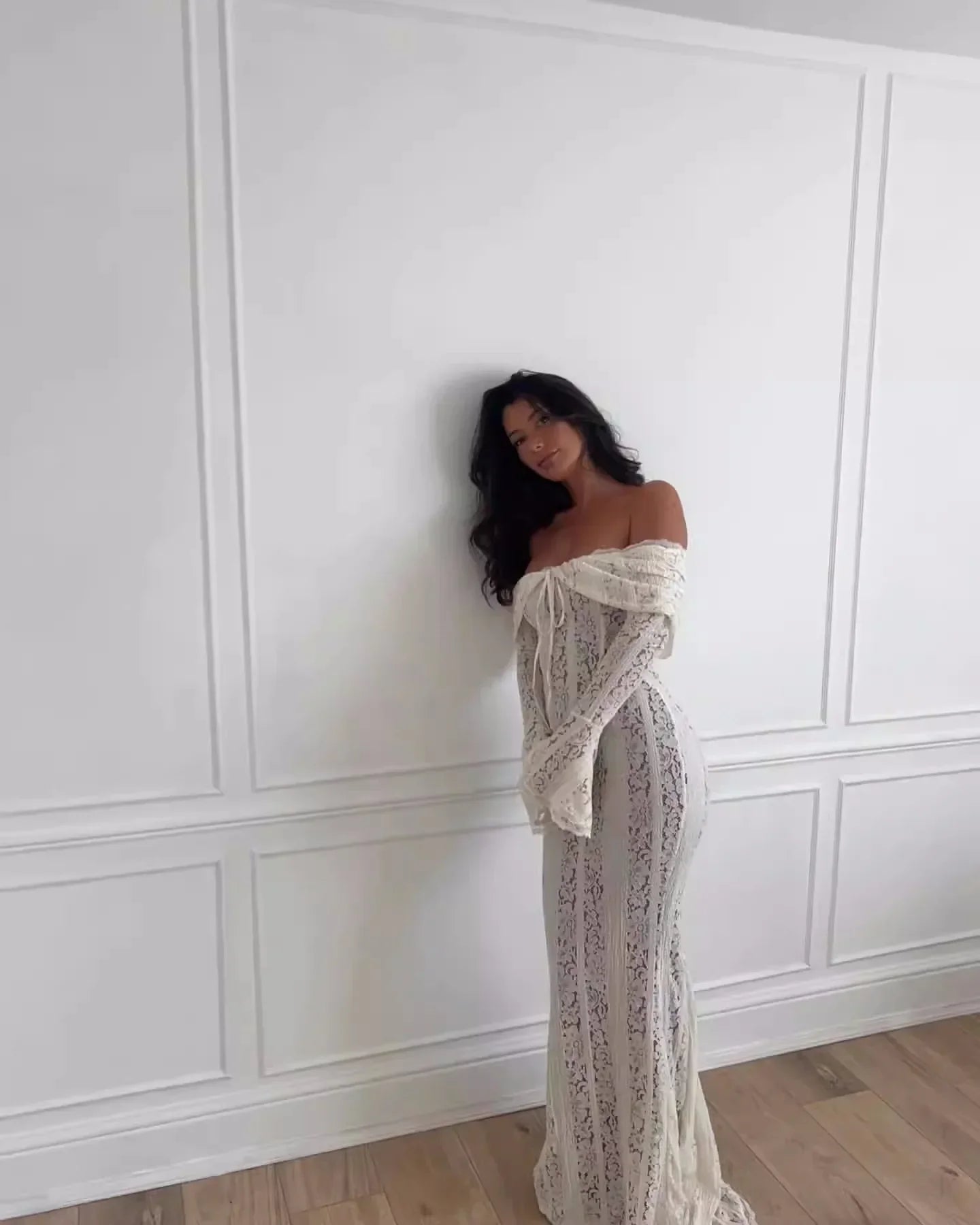 Oligai Elegant Off The Shoulder Bodycon Dress 2024 New in White Flare Sleeve Lace Maxi Dress Wedding Guest Dress for Women