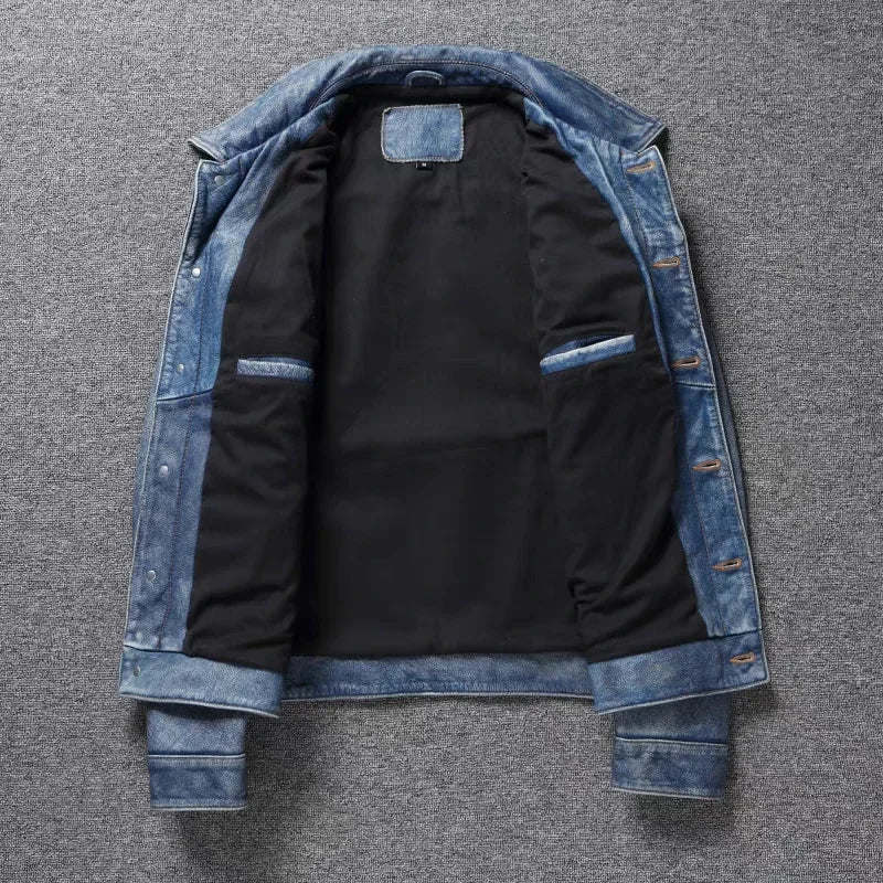 Men's Motorcycle Leather Jacket Light Blue Ami Khaki Retro Graphite Distressed Denim Genuine Leather Jacket Slim Short Jacket