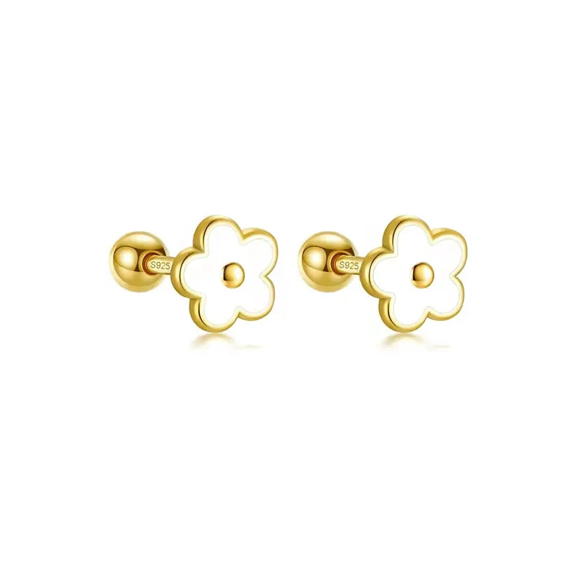 925 Sterling Silver Romantic White Enamel Flower Screw Bead Stud Earrings for Women Fashion Simple Piercing Jewelry Gift