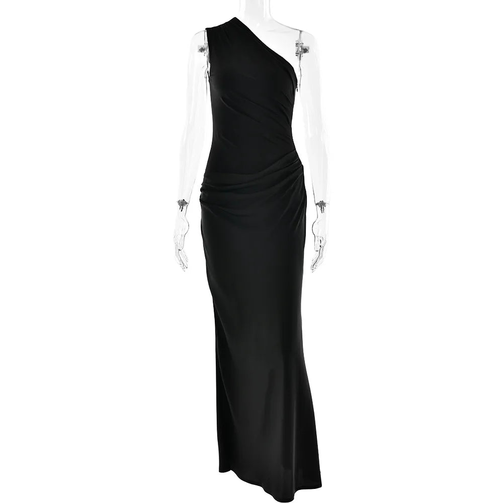 Patchwork Satin Sexy Dress Women One Shoulder Brown Sleeveless Evening Maxi Dress 2025 New Summer Elegant Party Clubwear Dresses