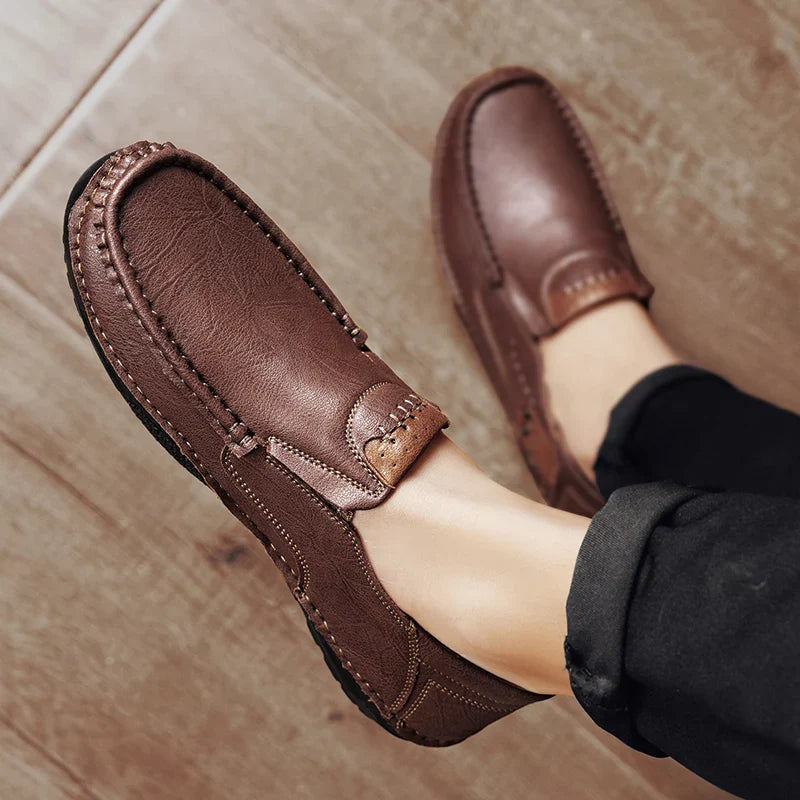 Men’s leather loafers slip-on soft sole business casual driving shoes brown