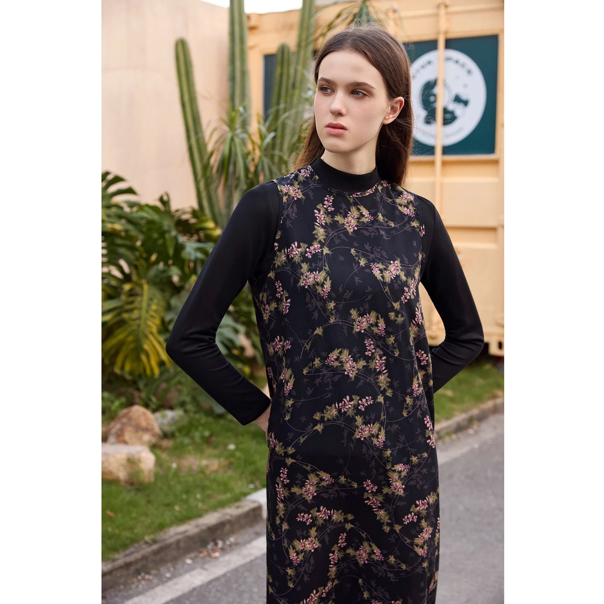 Women 2026 Autumn and Winter New Printing Satin Dress Knitting Cardigan Mock Neck Modal Shirt