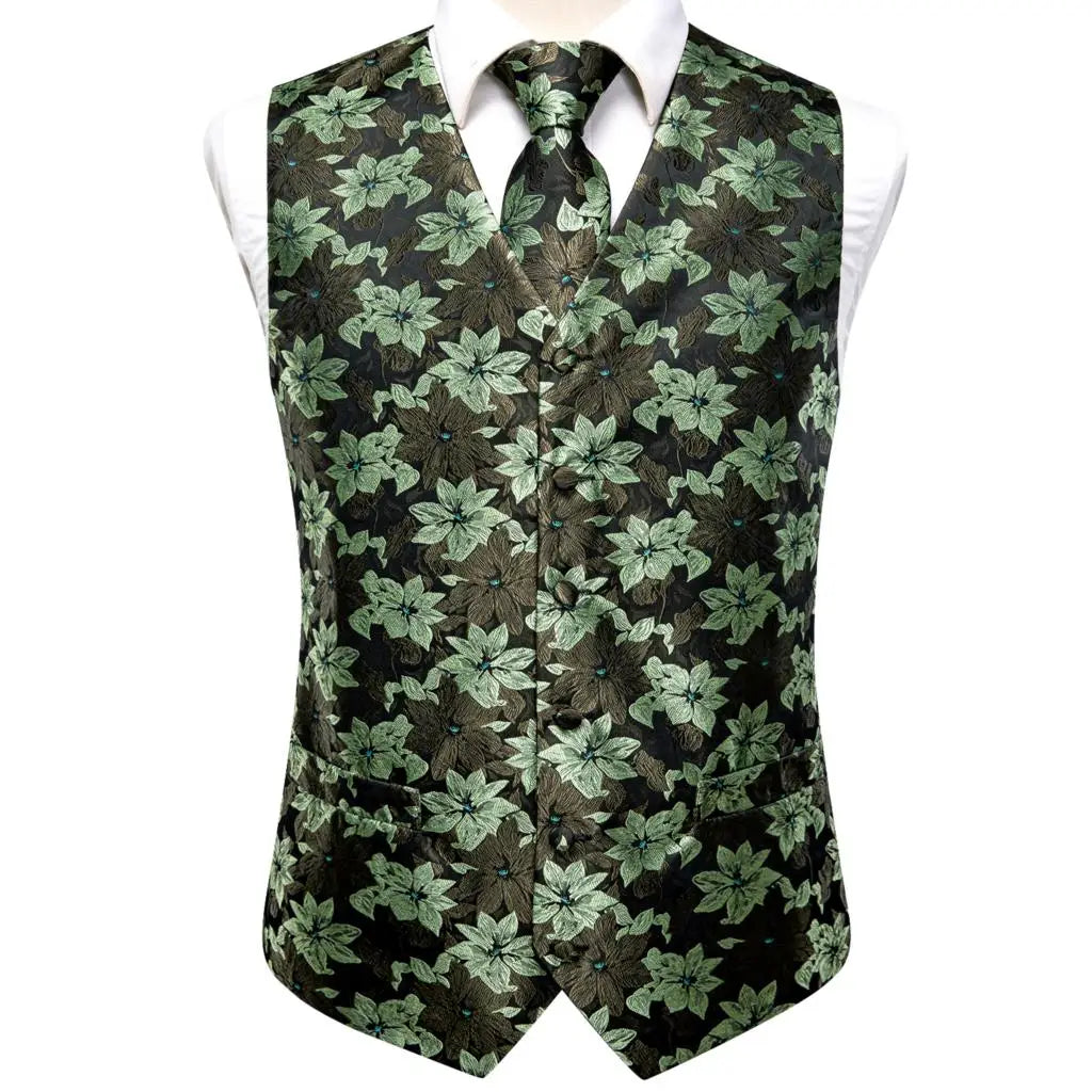 Luxury Mens Vests Black Gold Floral Jacquard Waistcoat Tie Hanky Cufflinks Brooch Set for Men Suit Wedding Office XL