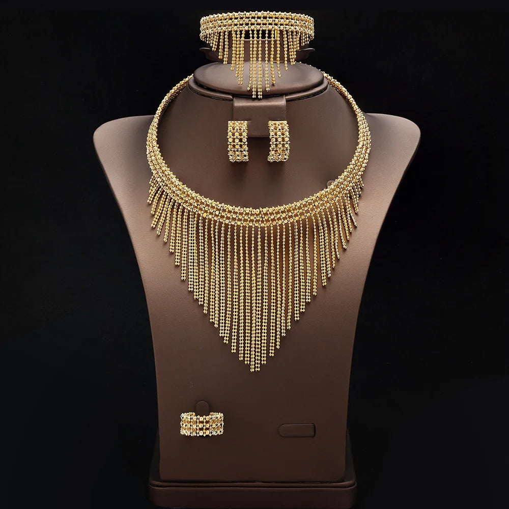 Luxury Wedding Jewelry Set Dubai Nigeria Bridal Jewelry Sets For Women Party Gold Plated Copper Tassel Beads Necklace
