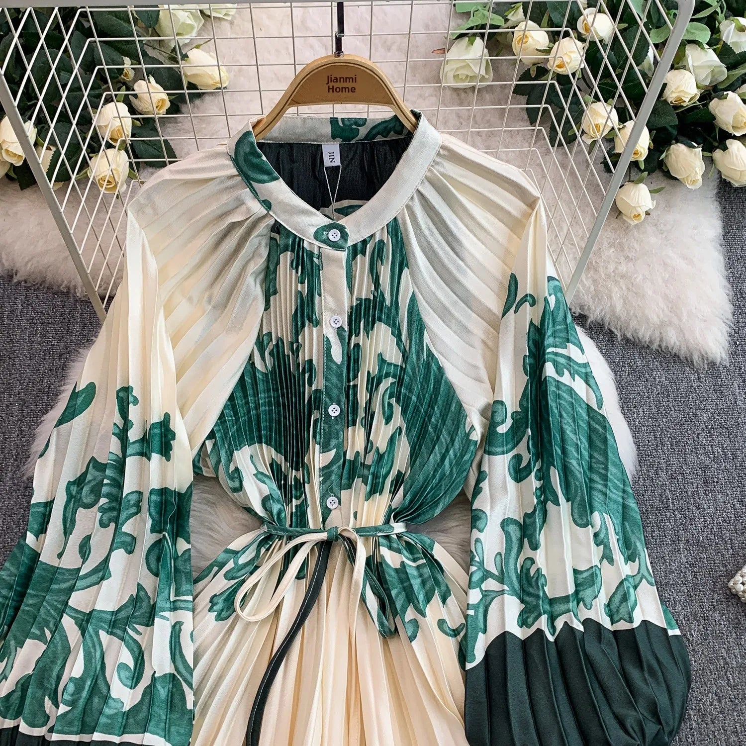 Printed round Ne Lantern Sve Dr Women's Single Button Waist Cinch Maxi Skirt Long Dr Commute Sle Autumn