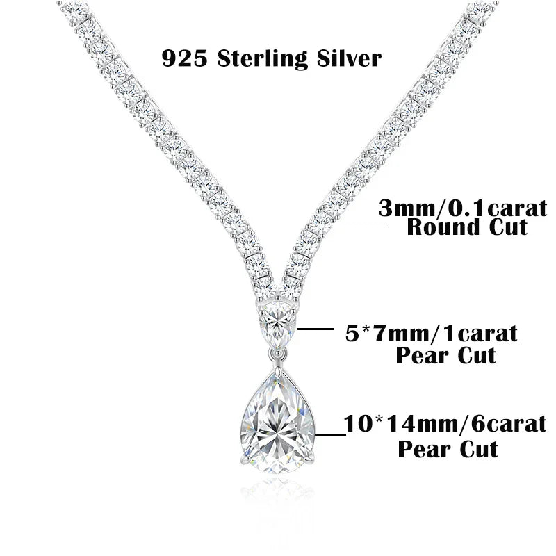 V-shape Moissanite Tennis Necklace for Women with 6Carat WaterDrop Pear Cut Diamond Pendant Riviera Necklace with Certificates