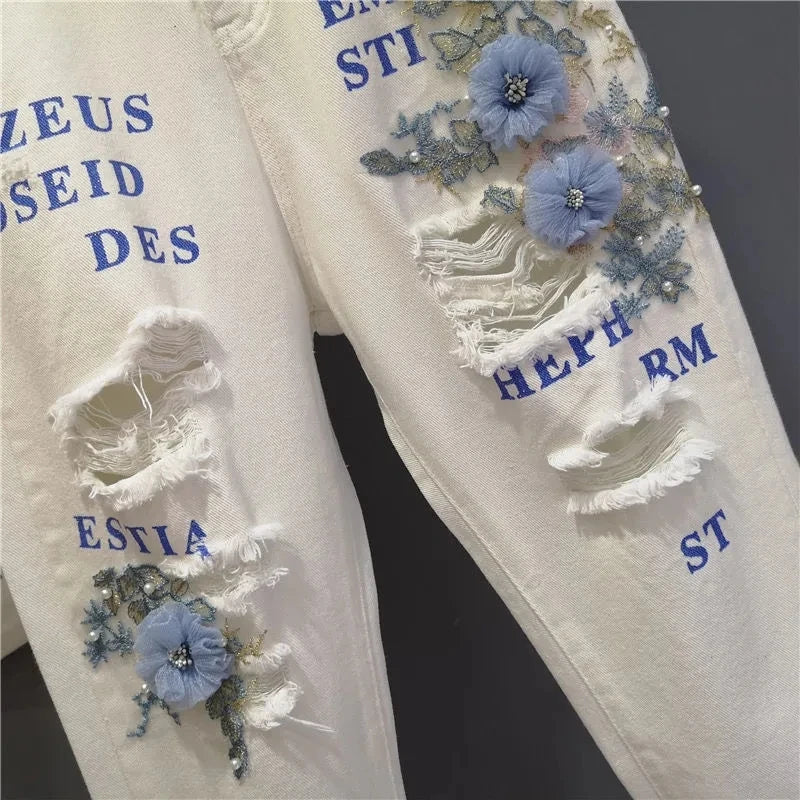 Women's Heavy Industry Lace Beggar Hole Denim Pants