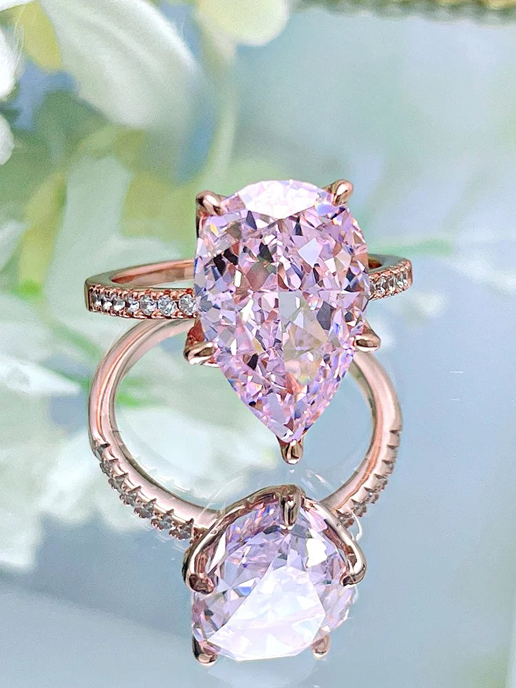 Fashionable, niche, high-end,versatile 925 sterling silver droplet pink diamond ring inlaid with high carbon diamond temperament