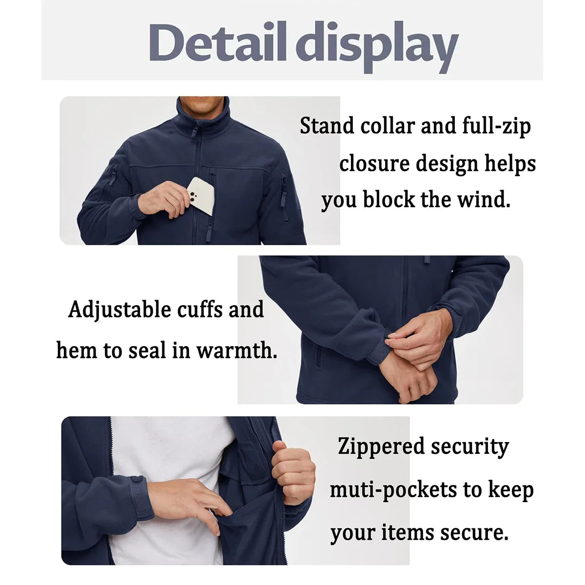 Men's Fleece Jacket Soft Warmth Windproof Full Zip Up Coat Multiple Zipper Pockets Hiking Working Outdoors Windbreaker