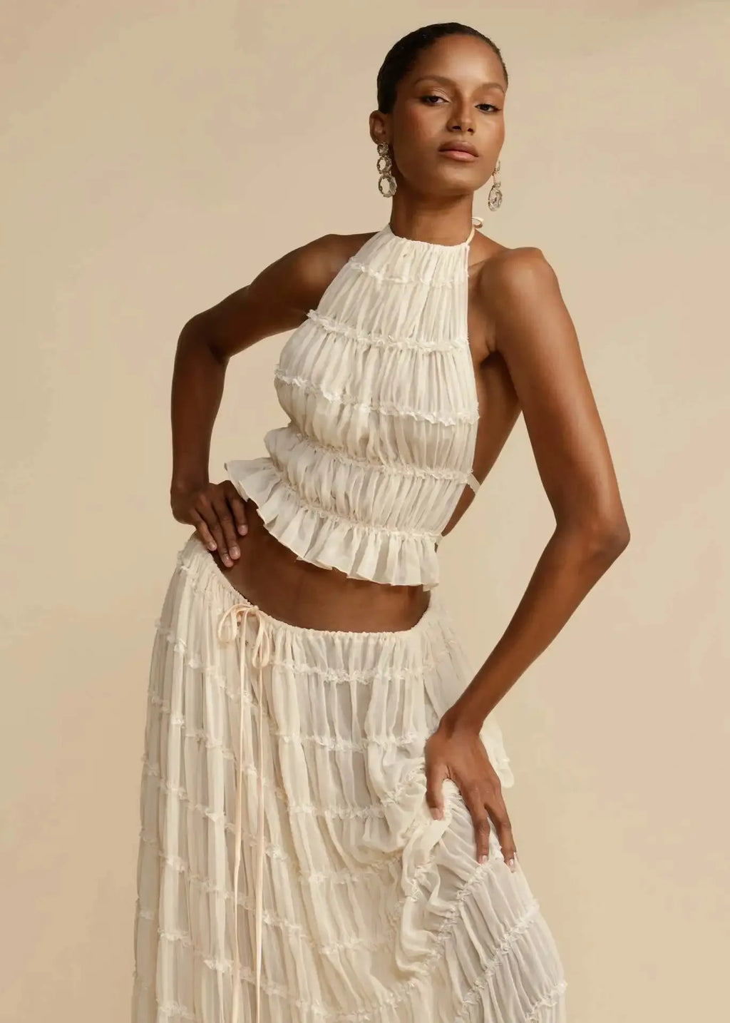 Fashion Halter Neck Long Skirt Suit Women Backless Sling Top Lace Up Fold Maxi Skirts New Summer Female 2 Piece Set Outfits