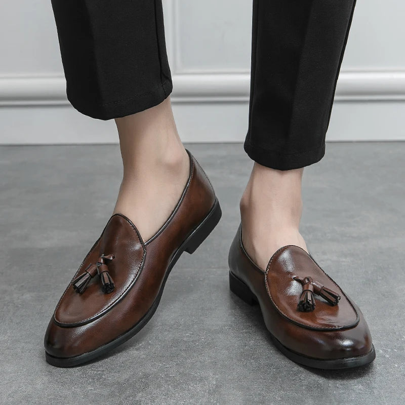 Men's Formal Tassel Loafers – Genuine Leather Slip-On Dress Shoes, Black & Brown, EU 40–47