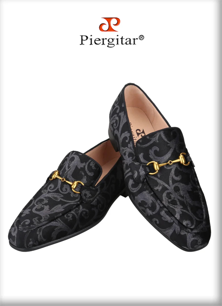 Piergitar Retro Style High-End Custom-Made Baroque Jacquard Velvet Men's Loafers With Horsebit Buckle Slip-On Smoking Shoes