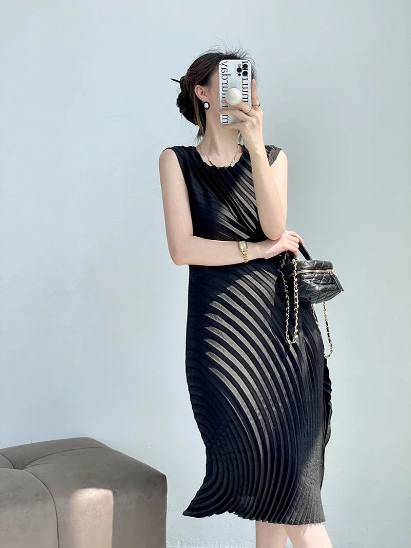 Hand Circle Pleated Sleeveless Dress Designer Long Round Neck Elegant Loose Summer Korean Style Aesthetic Clothes