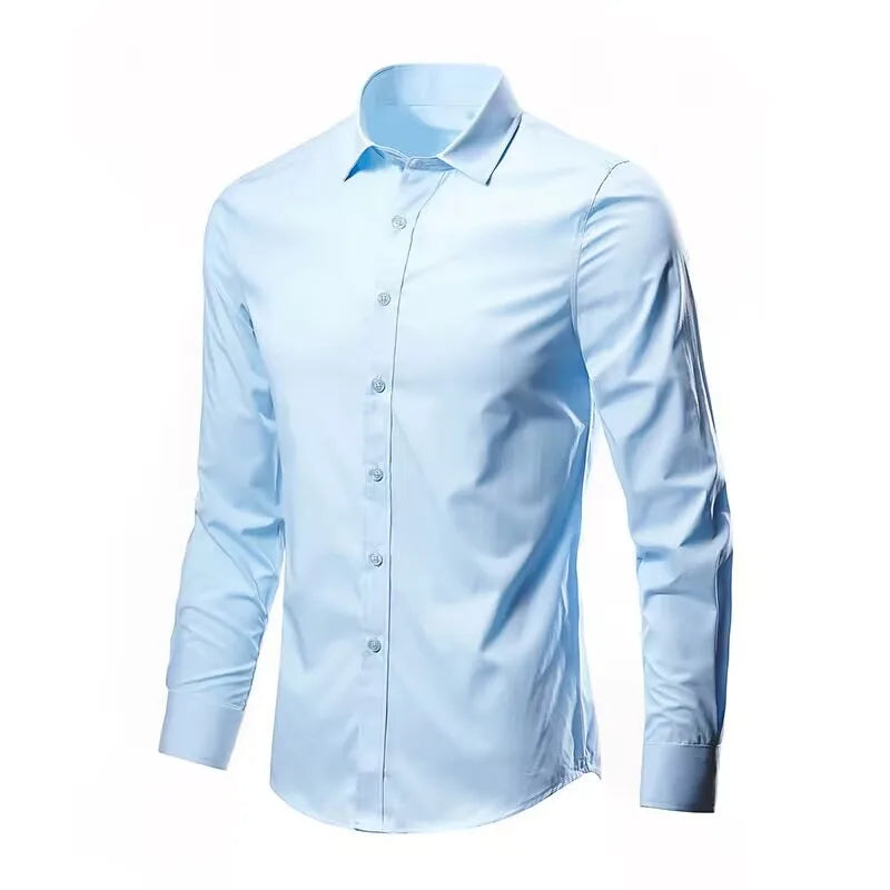 Men's Dress Shirt Elastic Spring Autumn Long Sleeve Anti-wrinkle Free ironing Business Without Pocket Soft Fashion Smooth Slim