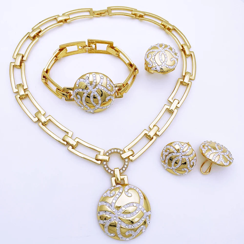 Classic Design Women Necklace Earrings Ring Bracelet Pendant Jewelry Set 18K Gold Plated Wedding Party High Quality Jewelry