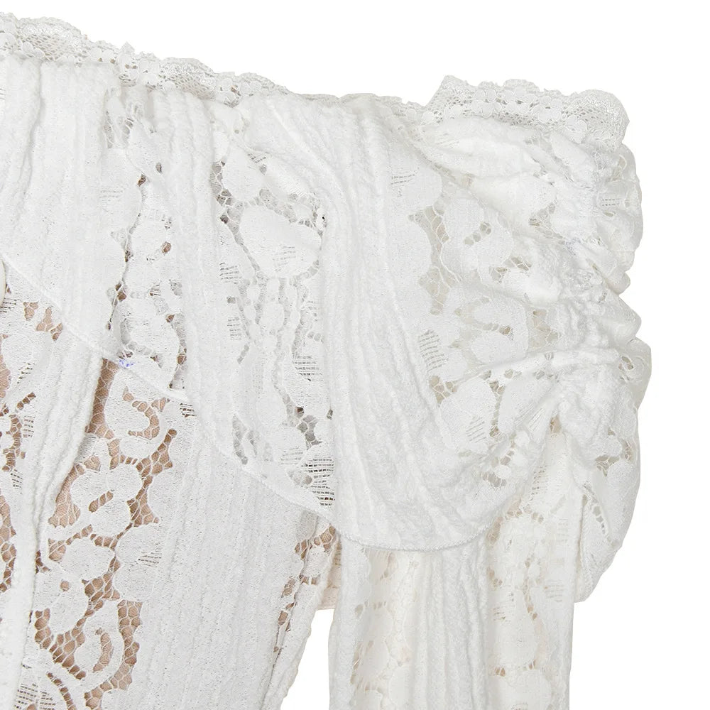 Oligai Elegant Off The Shoulder Bodycon Dress 2024 New in White Flare Sleeve Lace Maxi Dress Wedding Guest Dress for Women