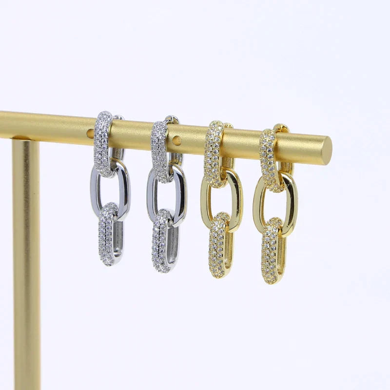 Korean Style Fashion Paper Clip Designer Jewelry Hoop Dangle Earrings for Women Cubic Zirconia Gold Platinum Plated Color