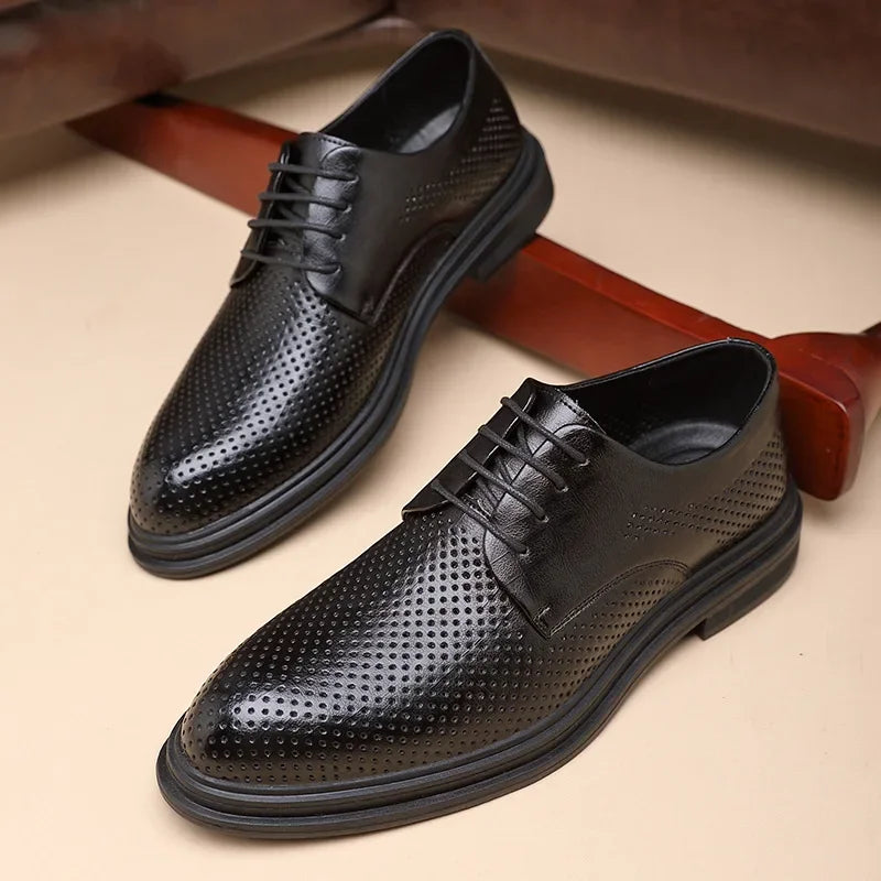 Men's Business Formal Shoes with Laces Hollow out Design 8cm Heightening Low Cut Casual Shoes Rubber Bottom Adult Size
